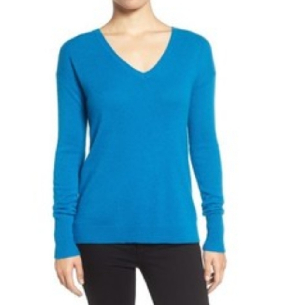 Halogen Teal Blue Cashmere Sweater V-neck Women's Medium Petite